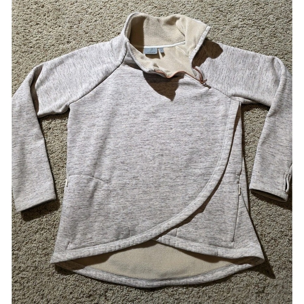 Athleta Cozy Karma Asym Pullover Womens Medium Heather Beige Rose Gold Zipper‎